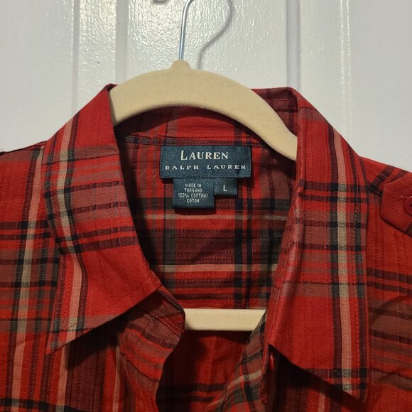 Lauren Ralph Lauren Button Front Blouse Red Black Plaid 100% Cotton SZ L - Picture 3 of 5